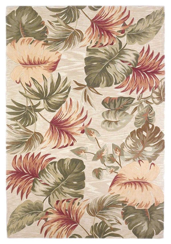 HomeRoots 5' Wool Botanical Leaves Hand-Tufted Area Rug in Beige, Green & Pink - Artisanal Charm for Your Home 3' X 5' 352739