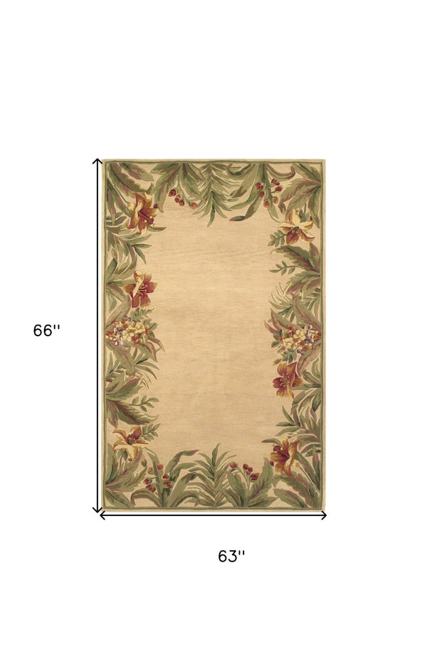 HomeRoots 5' Hand-Tufted Wool Area Rug with Tropical Floral Design – Luxurious Beige, Red & Green Elegance 4' X 6' 352740