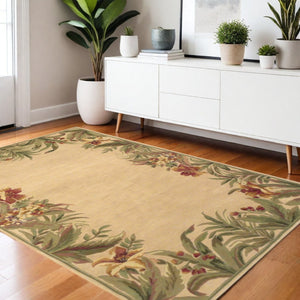 HomeRoots 5' Hand-Tufted Wool Area Rug with Tropical Floral Design – Luxurious Beige, Red & Green Elegance 4' X 6' 352740