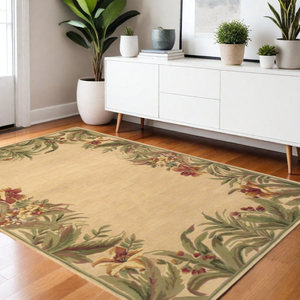HomeRoots 5' Hand-Tufted Wool Area Rug with Tropical Floral Design – Luxurious Beige, Red & Green Elegance 4' X 6' 352740