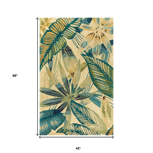 HomeRoots 5' Tropical Botanical Hand-Tufted Area Rug in Ivory, Teal & Green - Soft Wool for Cozy Spaces 3' X 5' 352742