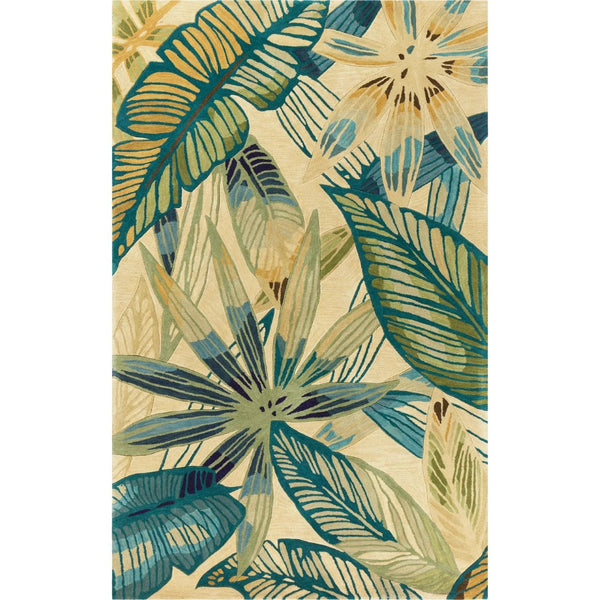 HomeRoots 5' Tropical Botanical Hand-Tufted Area Rug in Ivory, Teal & Green - Soft Wool for Cozy Spaces 3' X 5' 352742