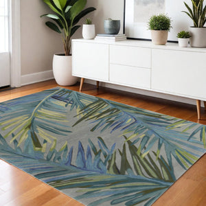 HomeRoots 5' Elegant Blue and Gray Tropical Botanical Hand-Tufted Wool Area Rug - Perfect for Any Room Decor! 4' X 6' 352743