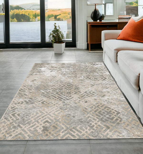 HomeRoots 7' Contemporary Sand and Light Blue Geometric Area Rug for Modern Living Spaces and Durability 5' X 8' 352749