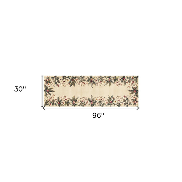 Homeroots 8' Ivory Wool Tropical Floral Hand Tufted Runner Rug  Wool 352765