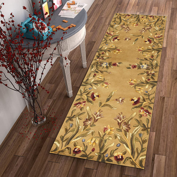 Homeroots 8' Golden Yellow Wool Floral Hand Tufted Runner Rug  Wool 352768