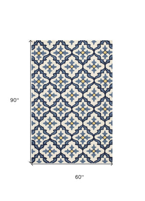 HomeRoots 5' Elegant Ivory and Blue Moroccan Area Rug for Indoor and Outdoor Spaces, Durable and Chic Design 5' x 8' 352771