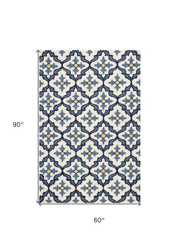 HomeRoots 5' Elegant Ivory and Blue Moroccan Area Rug for Indoor and Outdoor Spaces, Durable and Chic Design 5' x 8' 352771