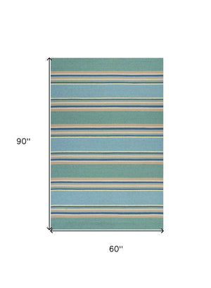 HomeRoots 8' Handmade Blue Striped Area Rug - Coastal-Inspired Design for Indoor & Outdoor Spaces, Durable Style 5' x 8' 352779