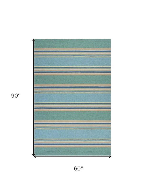 HomeRoots 8' Handmade Blue Striped Area Rug - Coastal-Inspired Design for Indoor & Outdoor Spaces, Durable Style 5' x 8' 352779