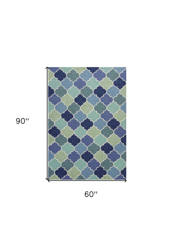 HomeRoots 5' Blue Moroccan Area Rug - Durable, Stylish Quatrefoil Design for Indoor & Outdoor Spaces, Easy Care 5' x 8' 352780