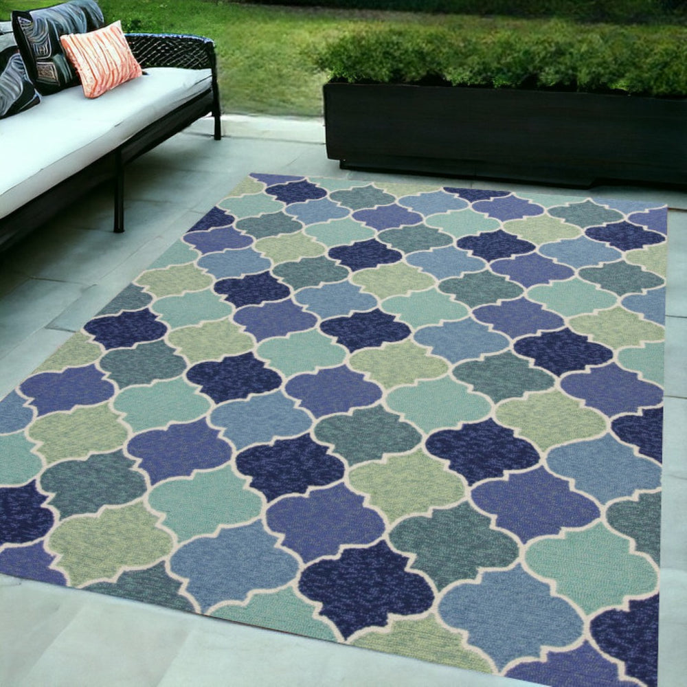 HomeRoots 5' Blue Moroccan Area Rug - Durable, Stylish Quatrefoil Design for Indoor & Outdoor Spaces, Easy Care 5' x 8' 352780