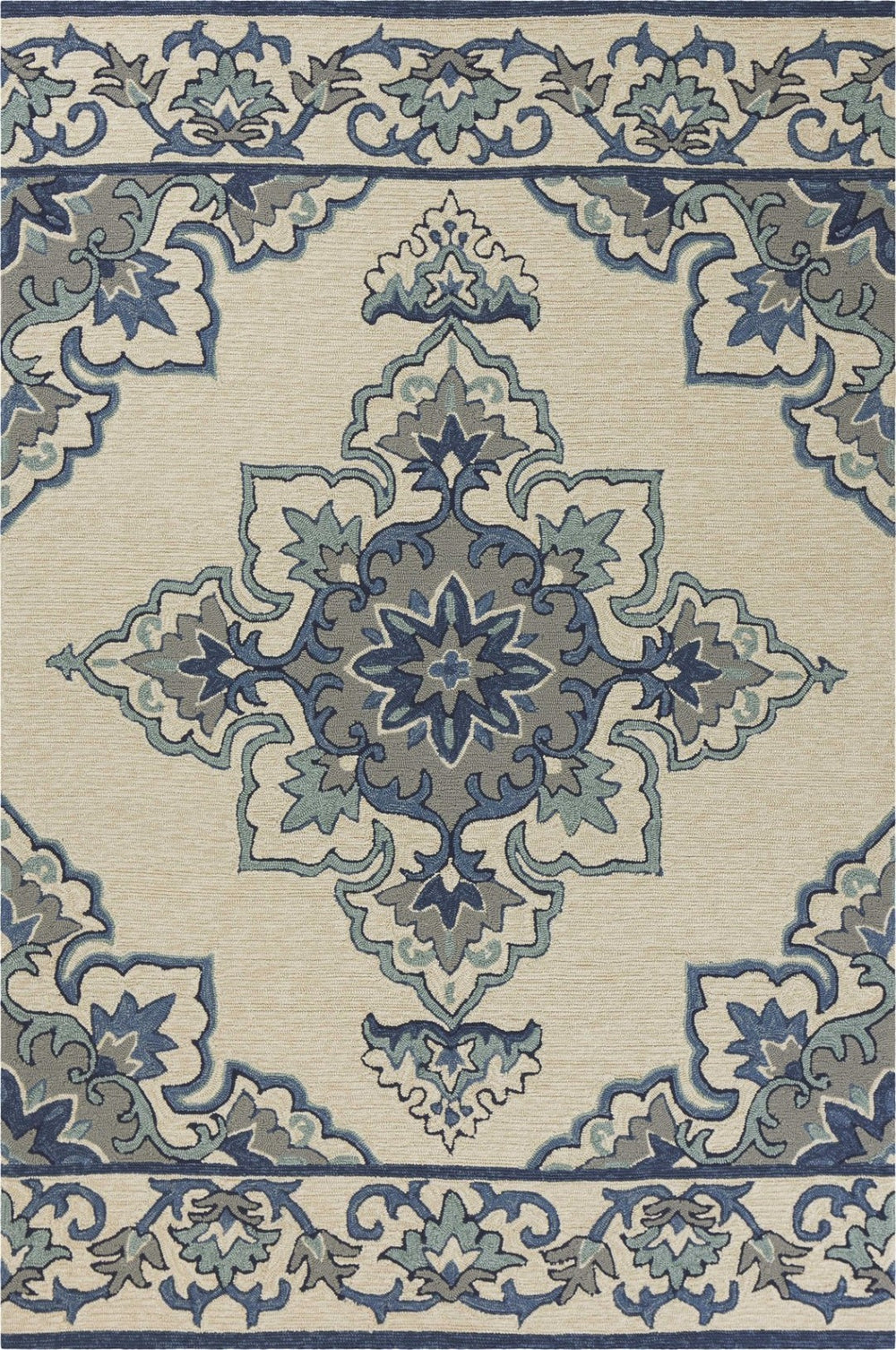 HomeRoots 8' Timeless Ivory and Blue Damask Area Rug for Indoor and Outdoor Elegance and Easy Maintenance 5' x 8' 352781