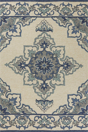 HomeRoots 8' Timeless Ivory and Blue Damask Area Rug for Indoor and Outdoor Elegance and Easy Maintenance 5' x 8' 352781
