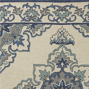 HomeRoots 8' Timeless Ivory and Blue Damask Area Rug for Indoor and Outdoor Elegance and Easy Maintenance 5' x 8' 352781