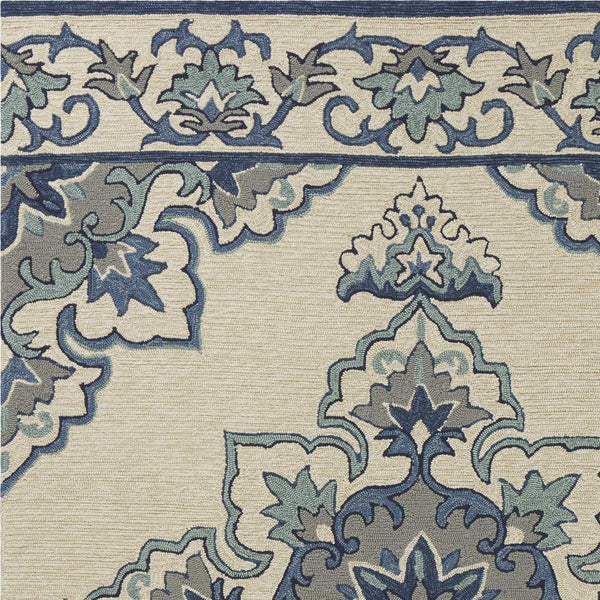 HomeRoots 8' Timeless Ivory and Blue Damask Area Rug for Indoor and Outdoor Elegance and Easy Maintenance 5' x 8' 352781