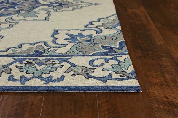 HomeRoots 8' Timeless Ivory and Blue Damask Area Rug for Indoor and Outdoor Elegance and Easy Maintenance 5' x 8' 352781