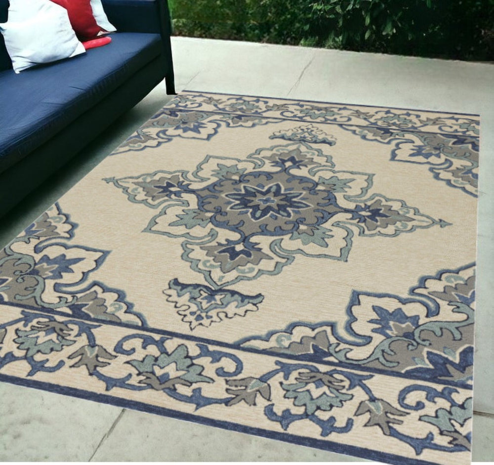 HomeRoots 8' Timeless Ivory and Blue Damask Area Rug for Indoor and Outdoor Elegance and Easy Maintenance 5' x 8' 352781