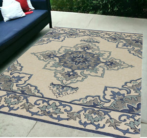 HomeRoots 8' Timeless Ivory and Blue Damask Area Rug for Indoor and Outdoor Elegance and Easy Maintenance 5' x 8' 352781