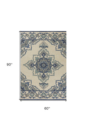 HomeRoots 8' Timeless Ivory and Blue Damask Area Rug for Indoor and Outdoor Elegance and Easy Maintenance 5' x 8' 352781