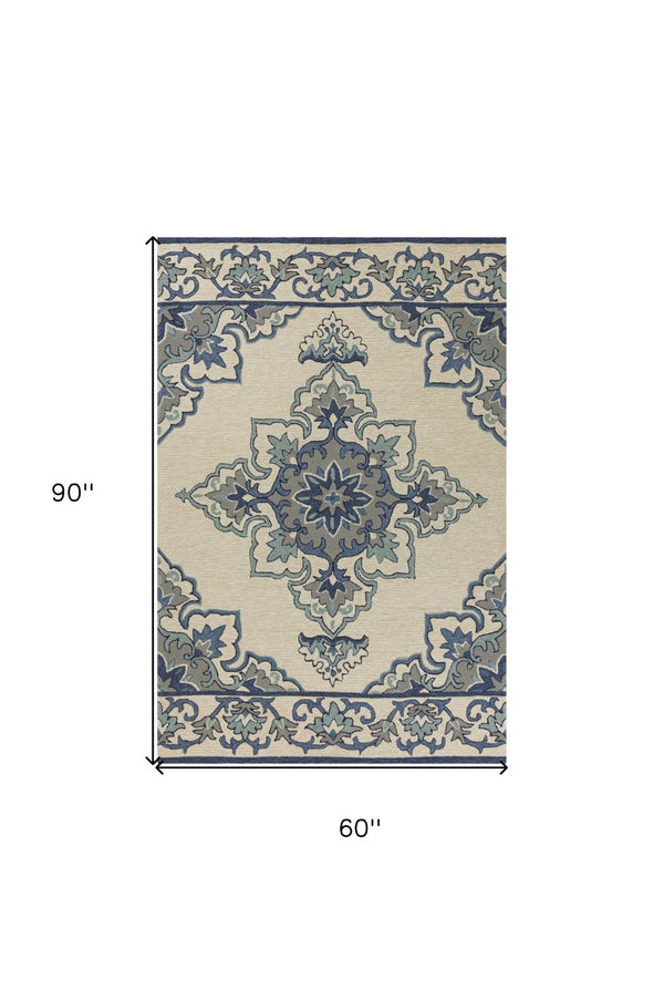 HomeRoots 8' Timeless Ivory and Blue Damask Area Rug for Indoor and Outdoor Elegance and Easy Maintenance 5' x 8' 352781