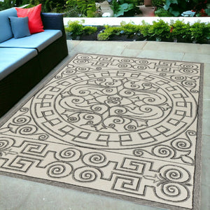 HomeRoots 5' Elegant Gray and Ivory Damask Area Rug for Indoor and Outdoor Spaces - Stylish and Durable Design 5' x 8' 352786
