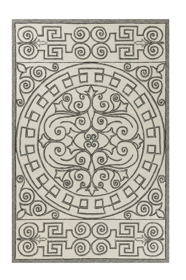 HomeRoots 5' Elegant Gray and Ivory Damask Area Rug for Indoor and Outdoor Spaces - Stylish and Durable Design 5' x 8' 352786