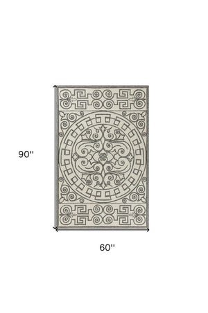 HomeRoots 5' Elegant Gray and Ivory Damask Area Rug for Indoor and Outdoor Spaces - Stylish and Durable Design 5' x 8' 352786