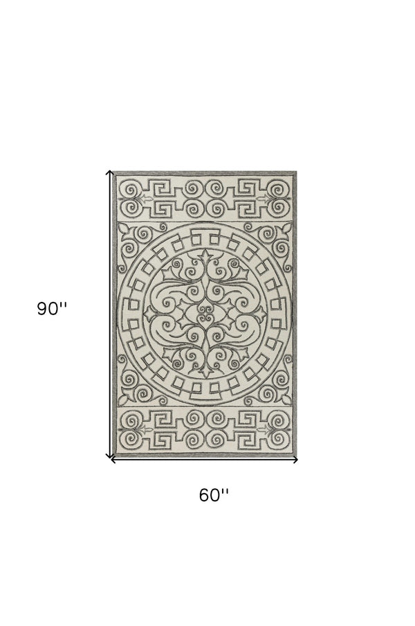 HomeRoots 5' Elegant Gray and Ivory Damask Area Rug for Indoor and Outdoor Spaces - Stylish and Durable Design 5' x 8' 352786