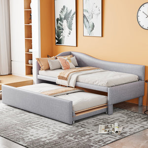 English Elm Twin Upholstered L-Shaped Daybed with Pop-Up Trundle, Space-Saving Guest Bed with Slats Kit and 400lb Capacity Gray SF000193AAE