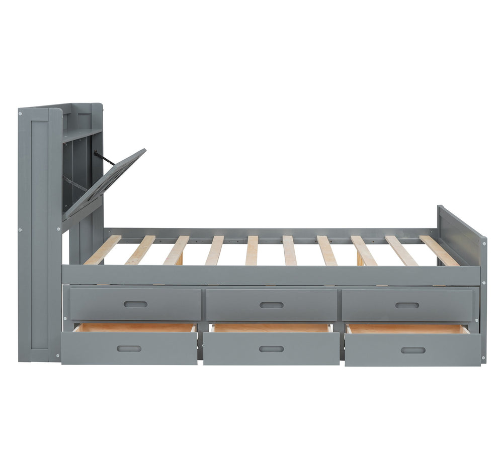 English Elm Full Full Size Wooden Bed with Storage Headboard, Built-In Outlets, Trundle & 3 Drawers for Space-Saving Bedrooms Gray 80.51 L x 17.12 W x 4.57 H N733S172712E