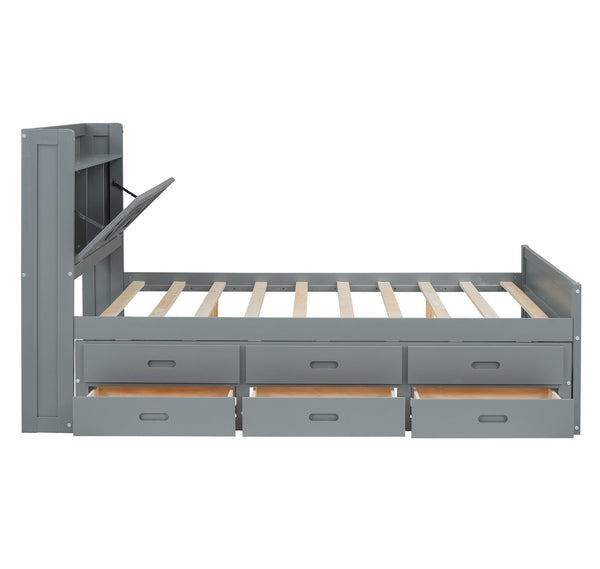 English Elm Full Full Size Wooden Bed with Storage Headboard, Built-In Outlets, Trundle & 3 Drawers for Space-Saving Bedrooms Gray 80.51 L x 17.12 W x 4.57 H N733S172712E