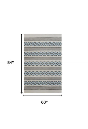 HomeRoots 5' Handmade Abstract Area Rug in Ivory and Blue - Stylish, Durable Design for Indoor & Outdoor Use 5' x 7' 352823