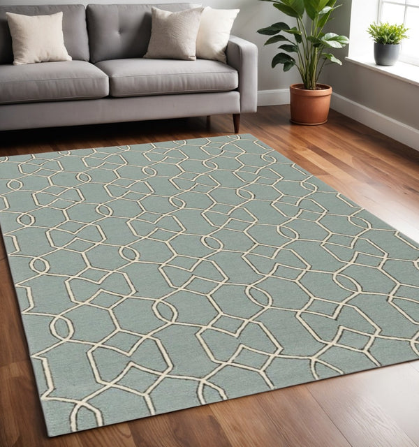 HomeRoots 5' Contemporary Green and Ivory Geometric Hand-Hooked Area Rug for Modern Living Spaces 5' X 7' 352826