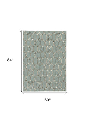 HomeRoots 5' Contemporary Green and Ivory Geometric Hand-Hooked Area Rug for Modern Living Spaces 5' X 7' 352826