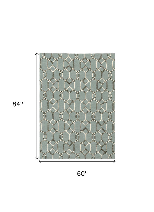 HomeRoots 5' Contemporary Green and Ivory Geometric Hand-Hooked Area Rug for Modern Living Spaces 5' X 7' 352826
