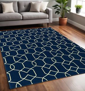 HomeRoots 5' Hand-Hooked Navy Blue and Ivory Geometric Area Rug for Modern Style and Cozy Comfort 5' X 7' 352830