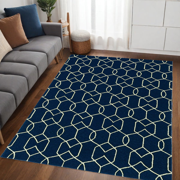Homeroots 5' X 7' Navy Blue Geometric Hand Hooked Area Rug  Polypropylene 352830