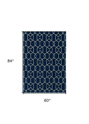 Homeroots 5' X 7' Navy Blue Geometric Hand Hooked Area Rug  Polypropylene 352830