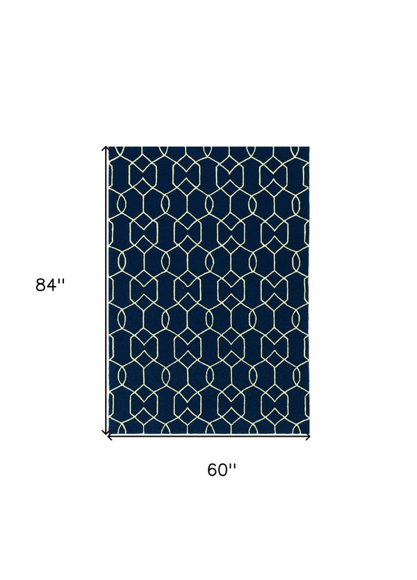 Homeroots 5' X 7' Navy Blue Geometric Hand Hooked Area Rug  Polypropylene 352830