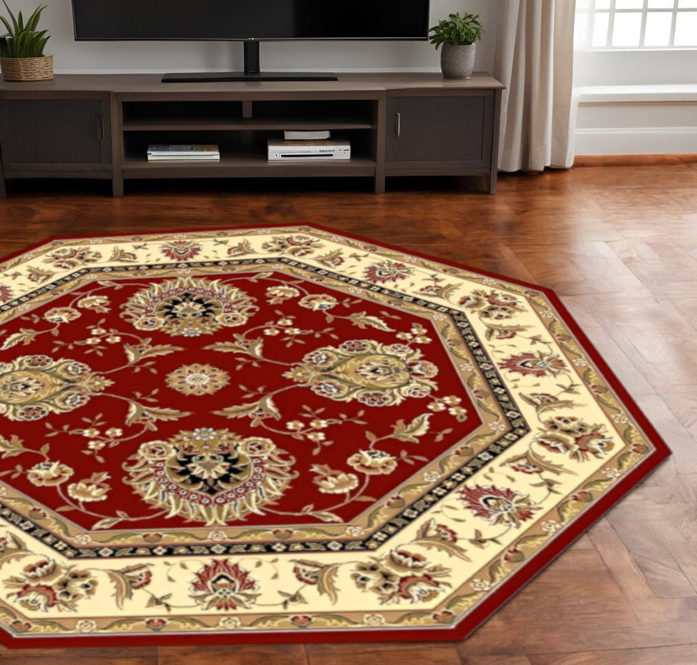HomeRoots 7' Elegant Red and Ivory Floral Medallion Octagon Rug - Durable, Stain-Resistant Design for Homes 8" Round 352832