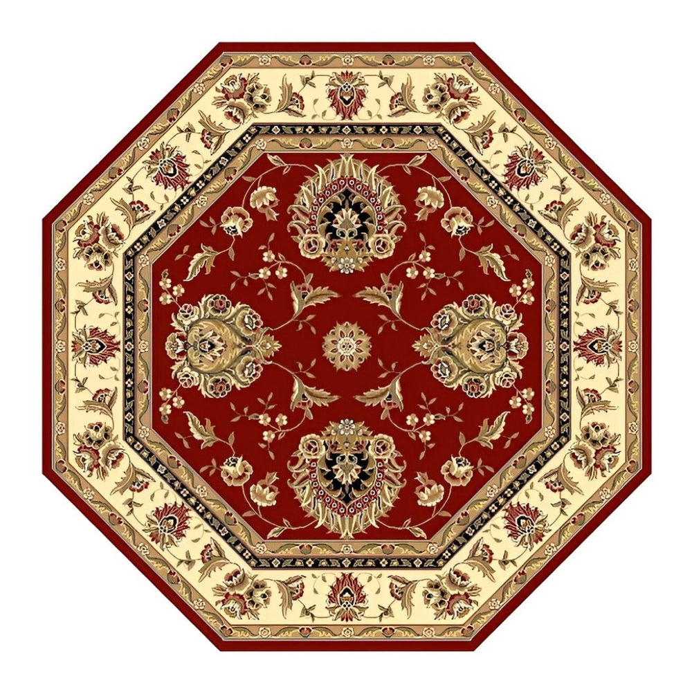 HomeRoots 7' Elegant Red and Ivory Floral Medallion Octagon Rug - Durable, Stain-Resistant Design for Homes 8" Round 352832