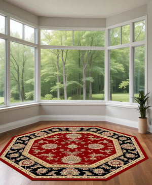 Homeroots 7' Octagon Red Or Black Floral Vines Bordered Indoor Area Rug  Polypropylene 352836