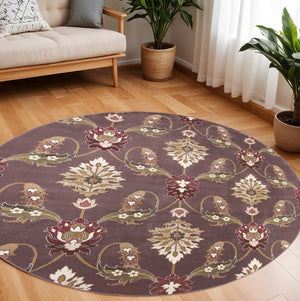 HomeRoots 7' Floral Octagonal Area Rug in Rich Purple, Ivory & Brown - Durable, Elegant, Easy-Care Design 8" Octagon 352847