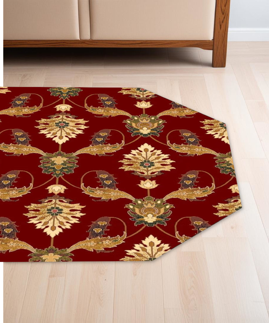 Homeroots 7' Octagon Red Floral Vines Indoor Area Rug  Polypropylene 352848