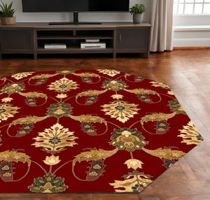 HomeRoots 7' Floral Vine Area Rug - Elegant Red, Beige & Brown Design for Warmth and Durability in Any Room 7' Octagon 352848