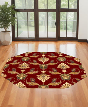 Homeroots Red Octagon Floral Vines Area Rug  Polypropylene 352849