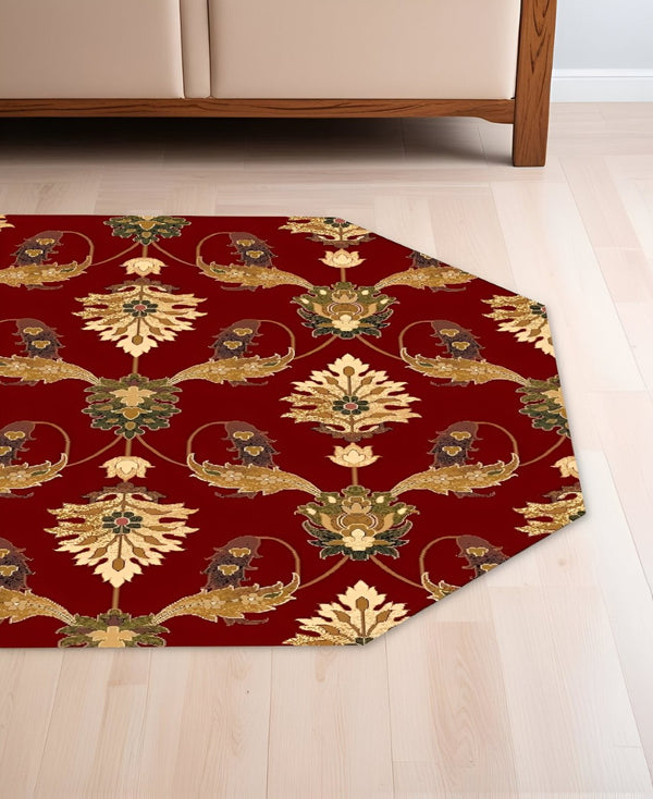 HomeRoots 8' Floral Vines Area Rug in Warm Red, Beige, and Brown - Durable, Elegant Décor for Any Room 8' Octagon 352849