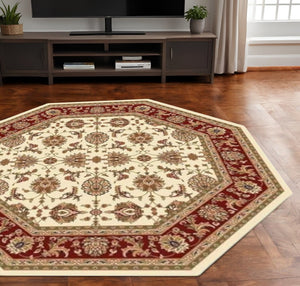 HomeRoots 7' Red Ivory and Brown Floral Medallion Area Rug – Durable, Stain-Resistant Design for Everyday Living 7' Octagon 352862