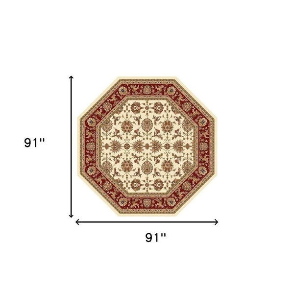 HomeRoots 7' Red Ivory and Brown Floral Medallion Area Rug – Durable, Stain-Resistant Design for Everyday Living 7' Octagon 352862